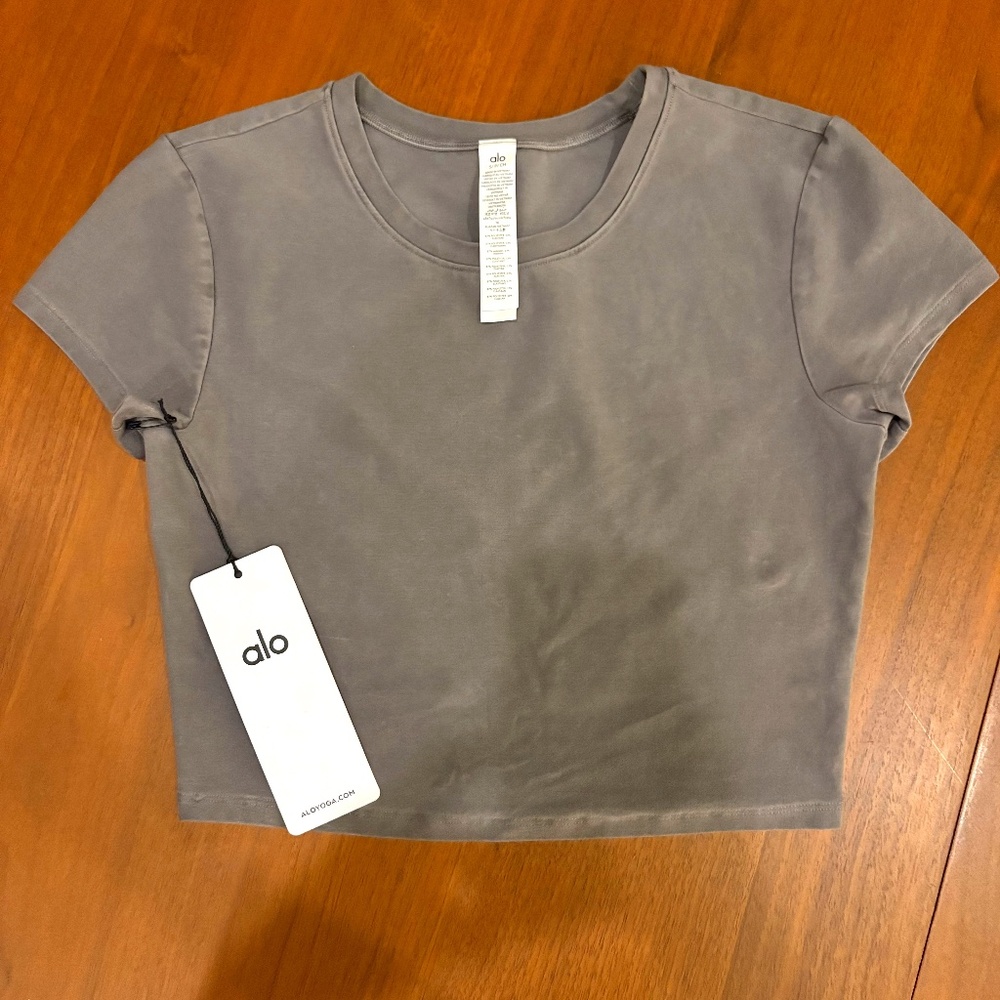 ALO Yoga Washed Alosoft Crop Finesse Short Sleeve, size small, cool grey wash
